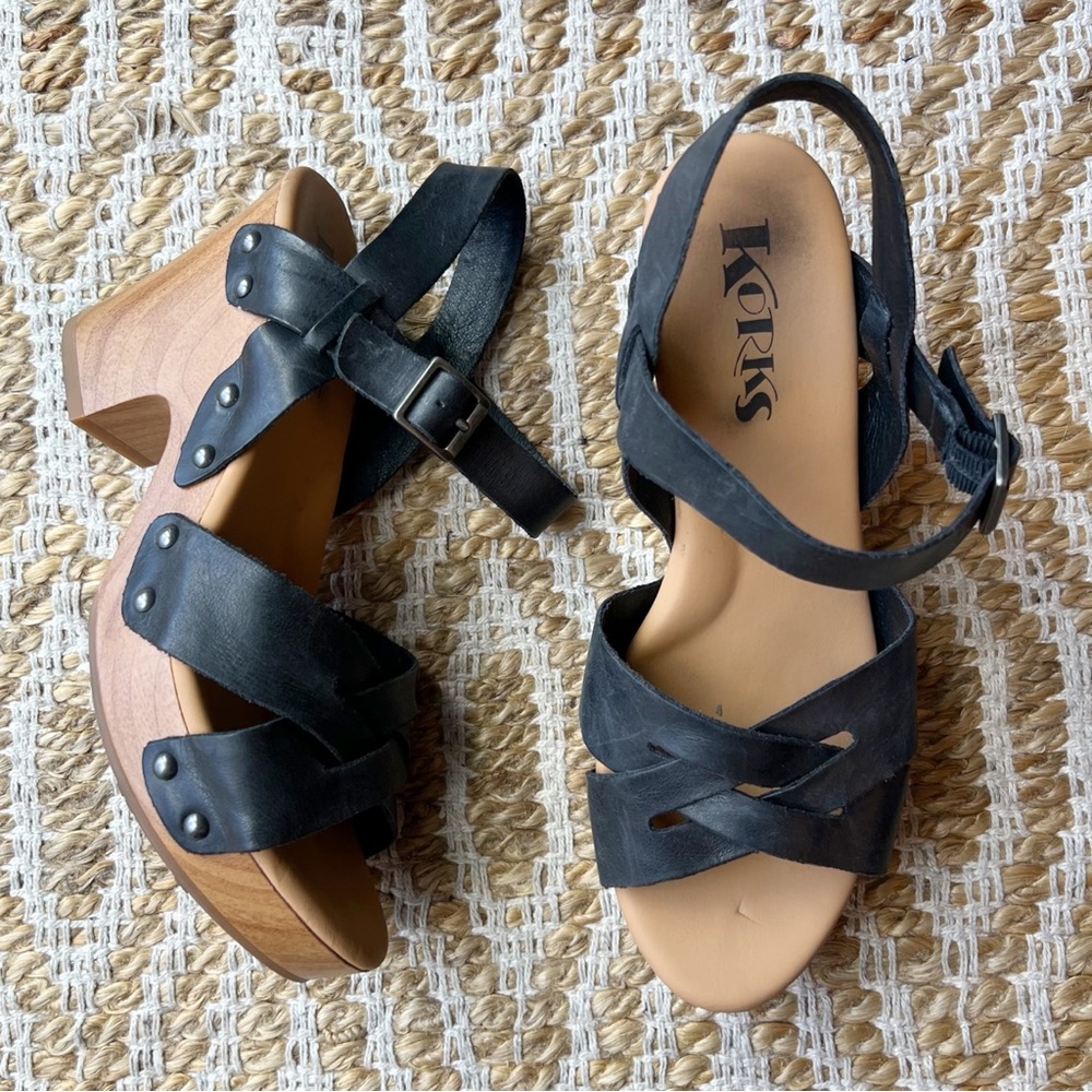 Korks Bagley Leather Heeled Sandal Wooden Ankle Strap Black Tan Size 7